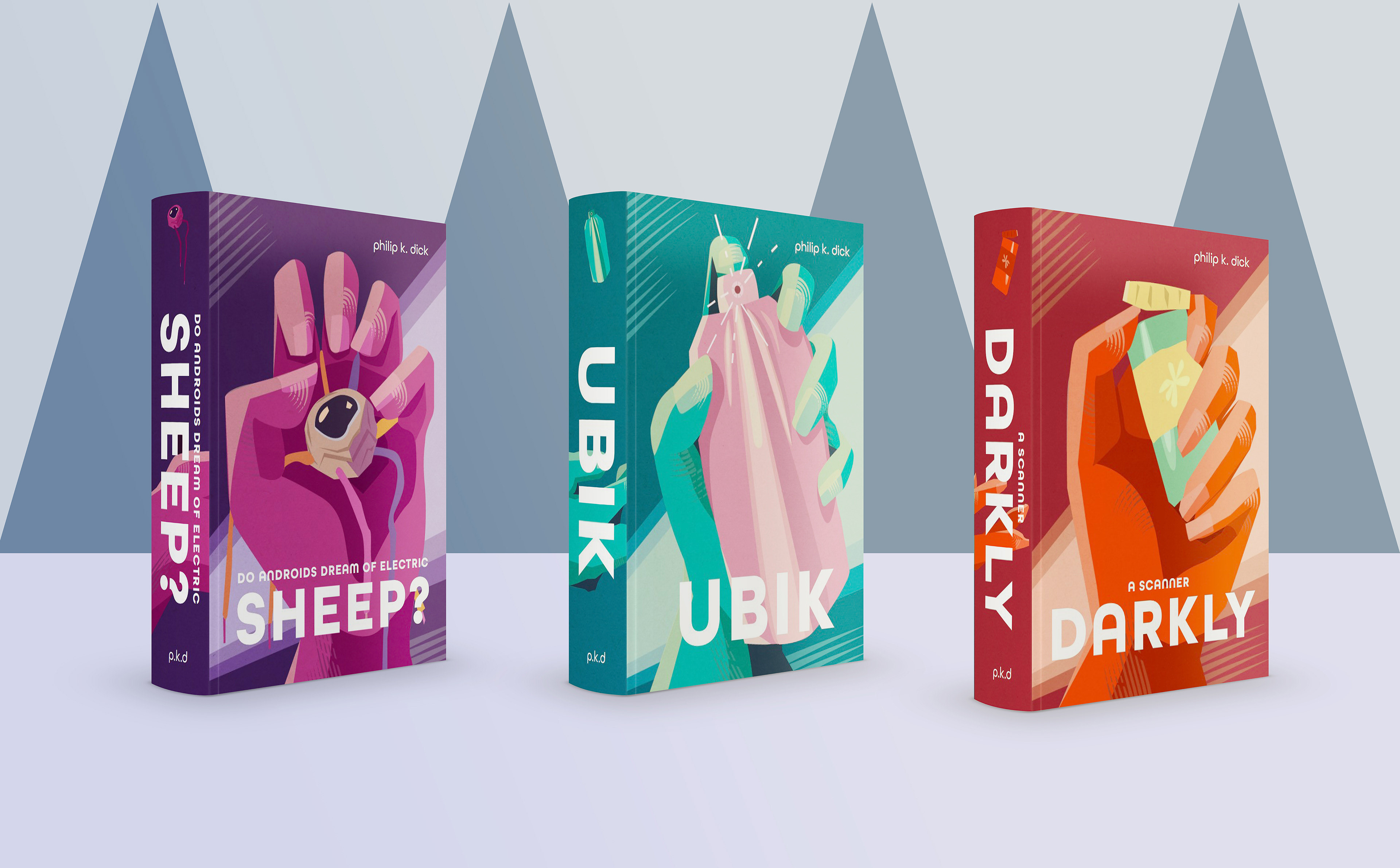 Mockup of all three books standing with a blue background.