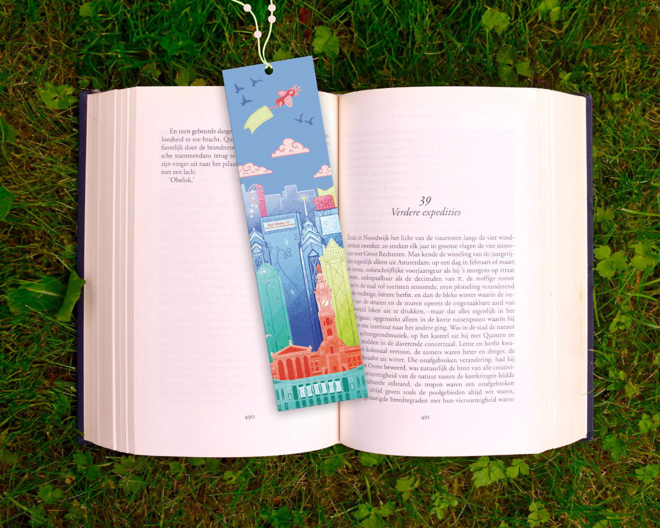 A mockup of the book mark design for the campaign. Features iconic Philadelphia skyline buildings stacked to accommodate the vertical bookmark layout.