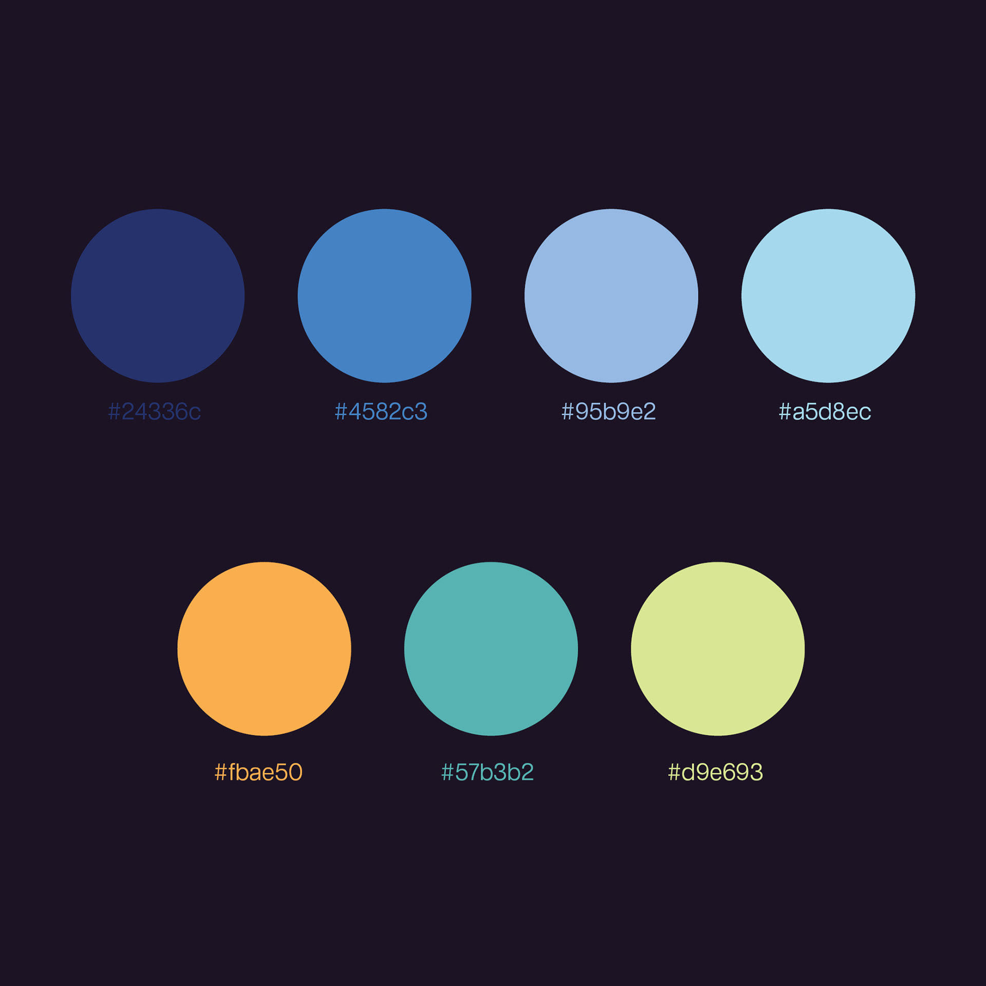 Verdant's color palette. Featuring a variety of blues, greens, and orange.