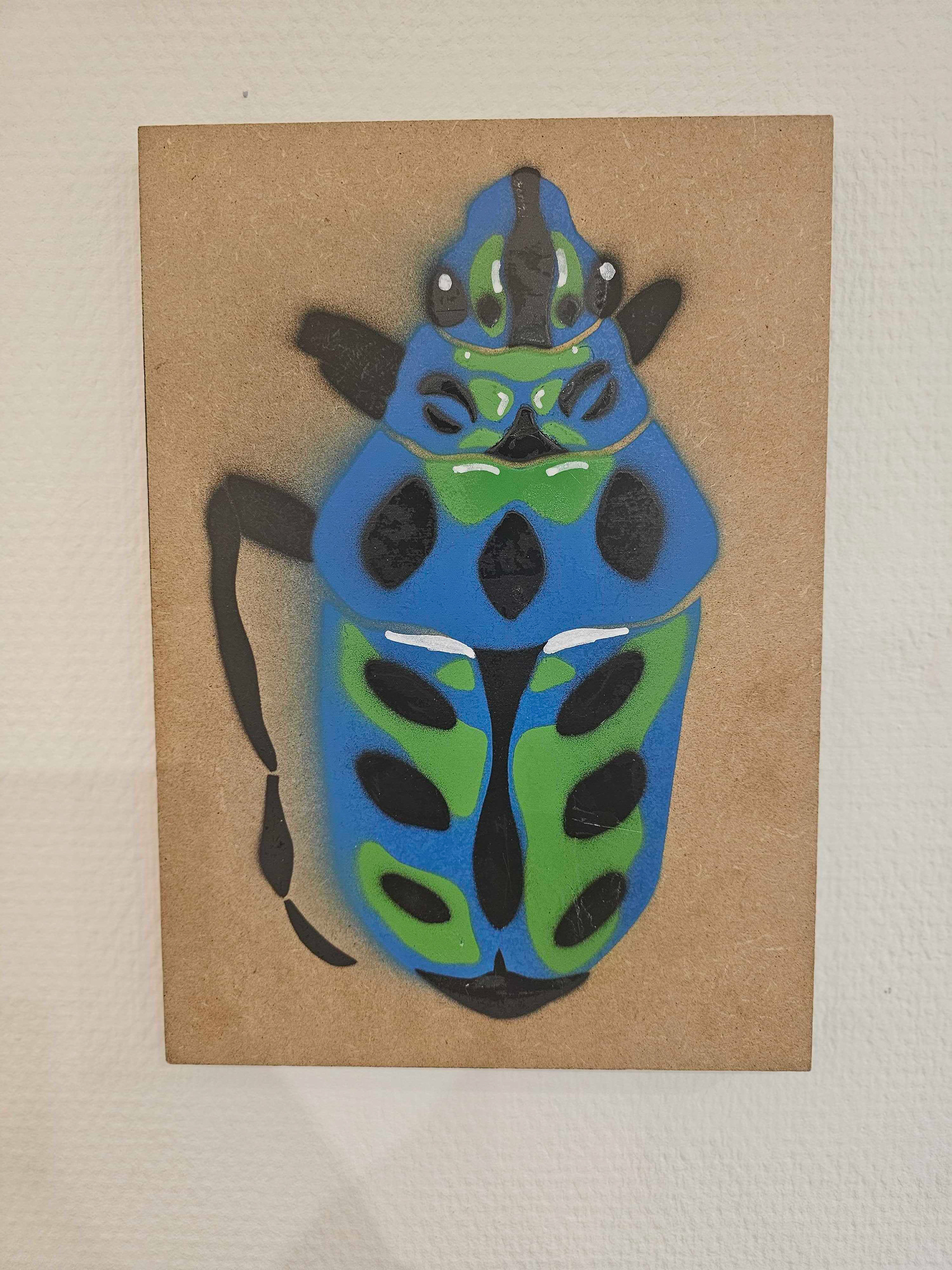 African Jewel Beetle, Spray paint on MDF board, 22 x 30 cm