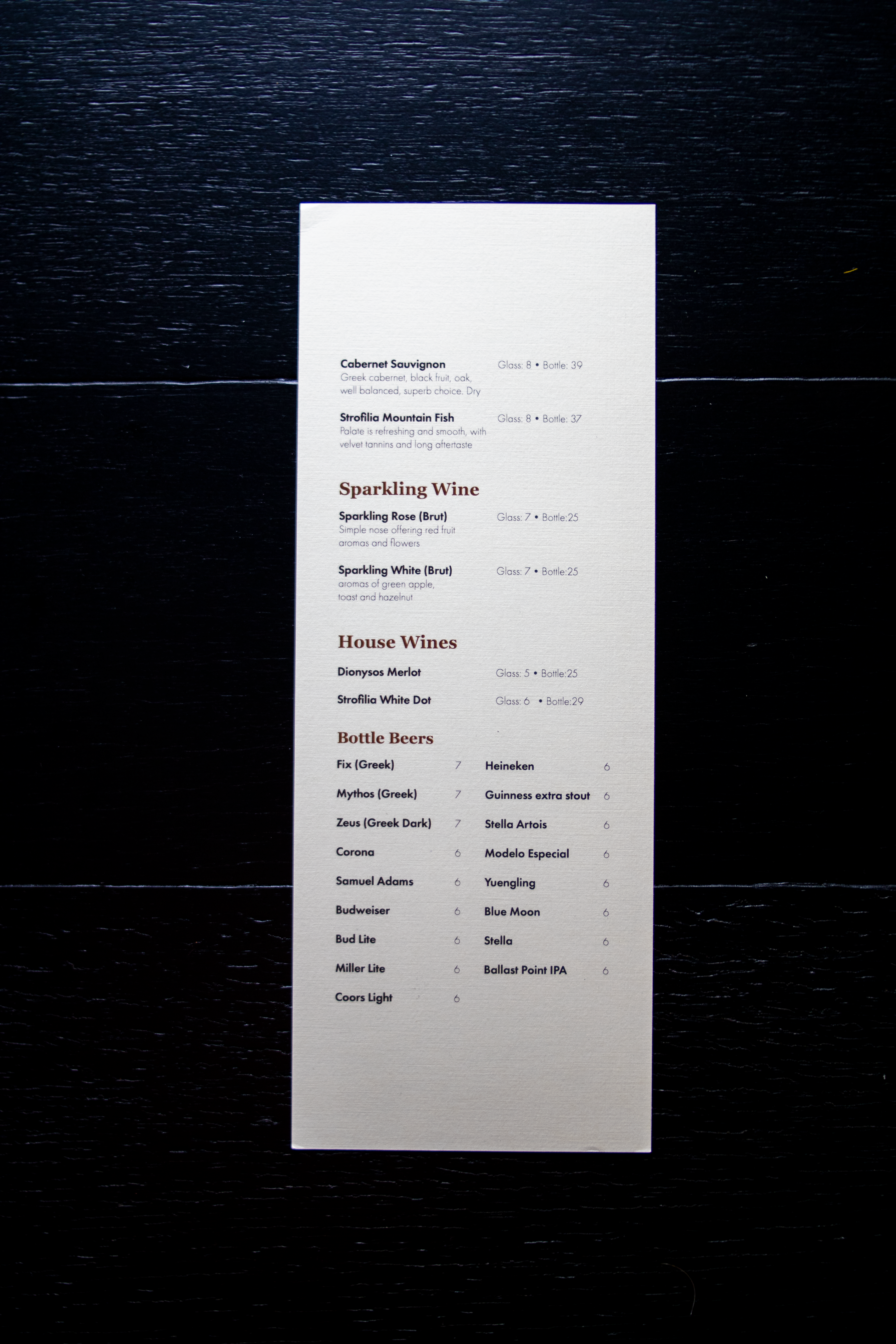 Wine Menu: Back