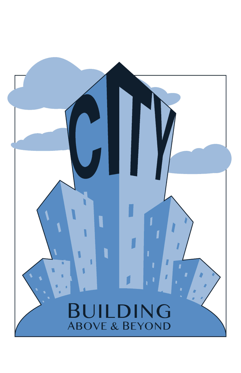 City is a commercial construction company. The design was to have a skyscraper, clouds and the company name within the logo.