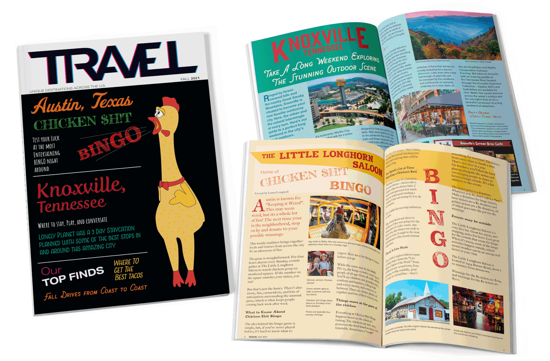 Travel is a magazine about unique destinations across the U.S. I wanted this travel magazine to be different enough that a college student, a married couple, or family could pick it up to find a fun, interesting destination they could enjoy anywhere around the U.S. It’s not your typical California beach and Disney trip. This magazine as a whole was a complete design. From the type of magazine, to designing the header, and creating with two article's with images.