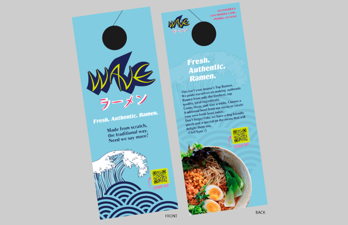 Wave Ramen is a hip, funky, delicious bowl of goodness. I created the typeface to have a a very fluid movement, with bright colors and humor to attract the consumer.