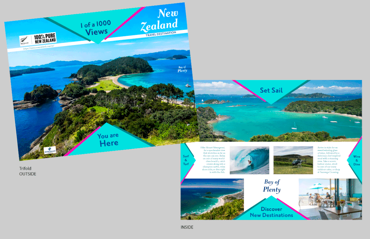 For this tri-fold the addition of bright colors and big images will attract the eye of a traveler.