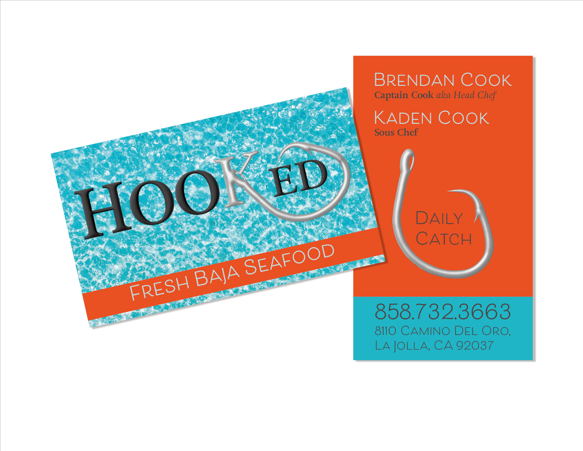 The business card has an raised metallic embossed logo. Hooked is a seafood restaurant that has daily catches, with a fun twist of Baja flavor.