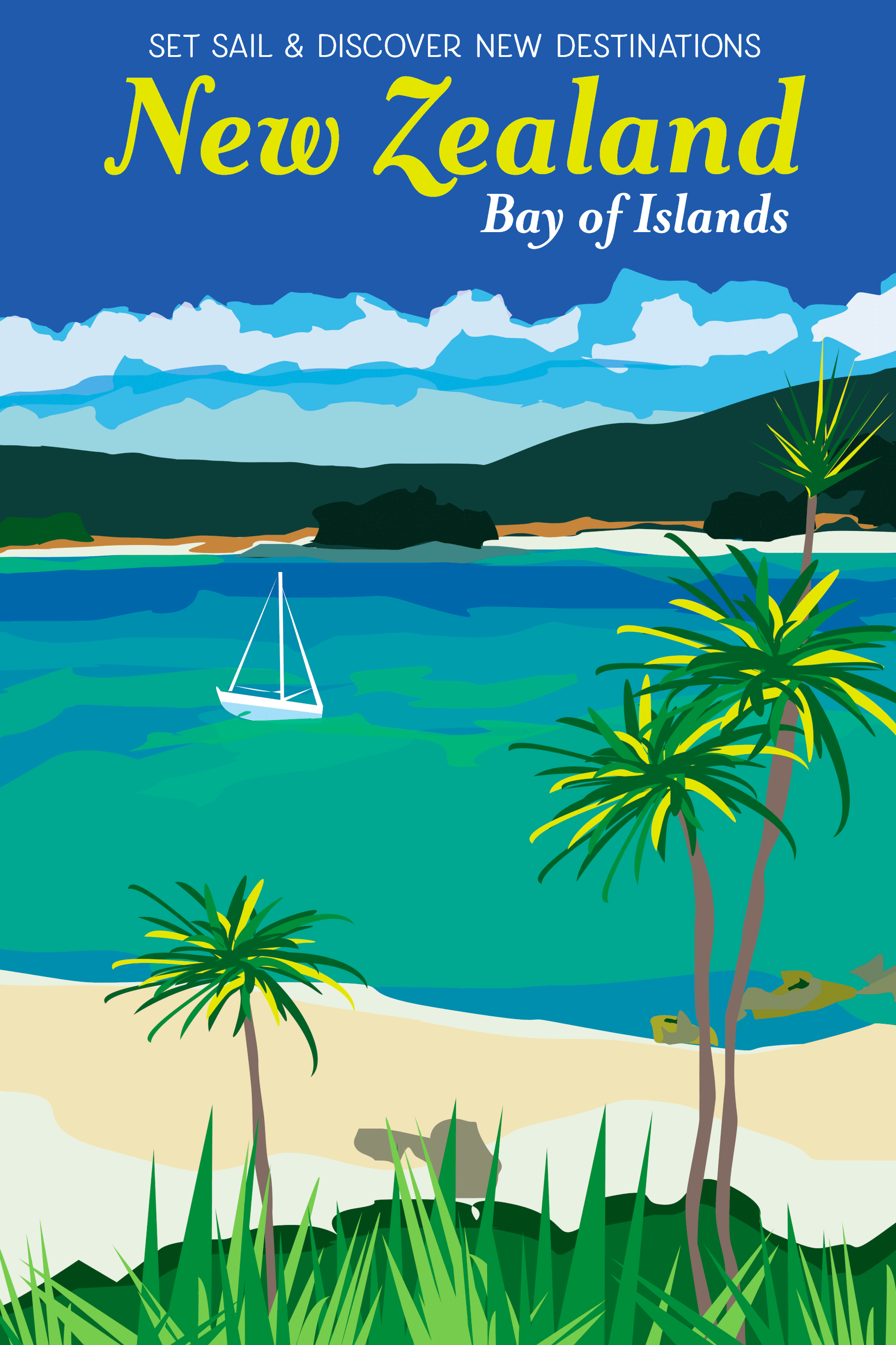 The look of vintage travel posters is still a very desired look. To achieve this look I drew layers and used type to create a welcoming vacation destination.