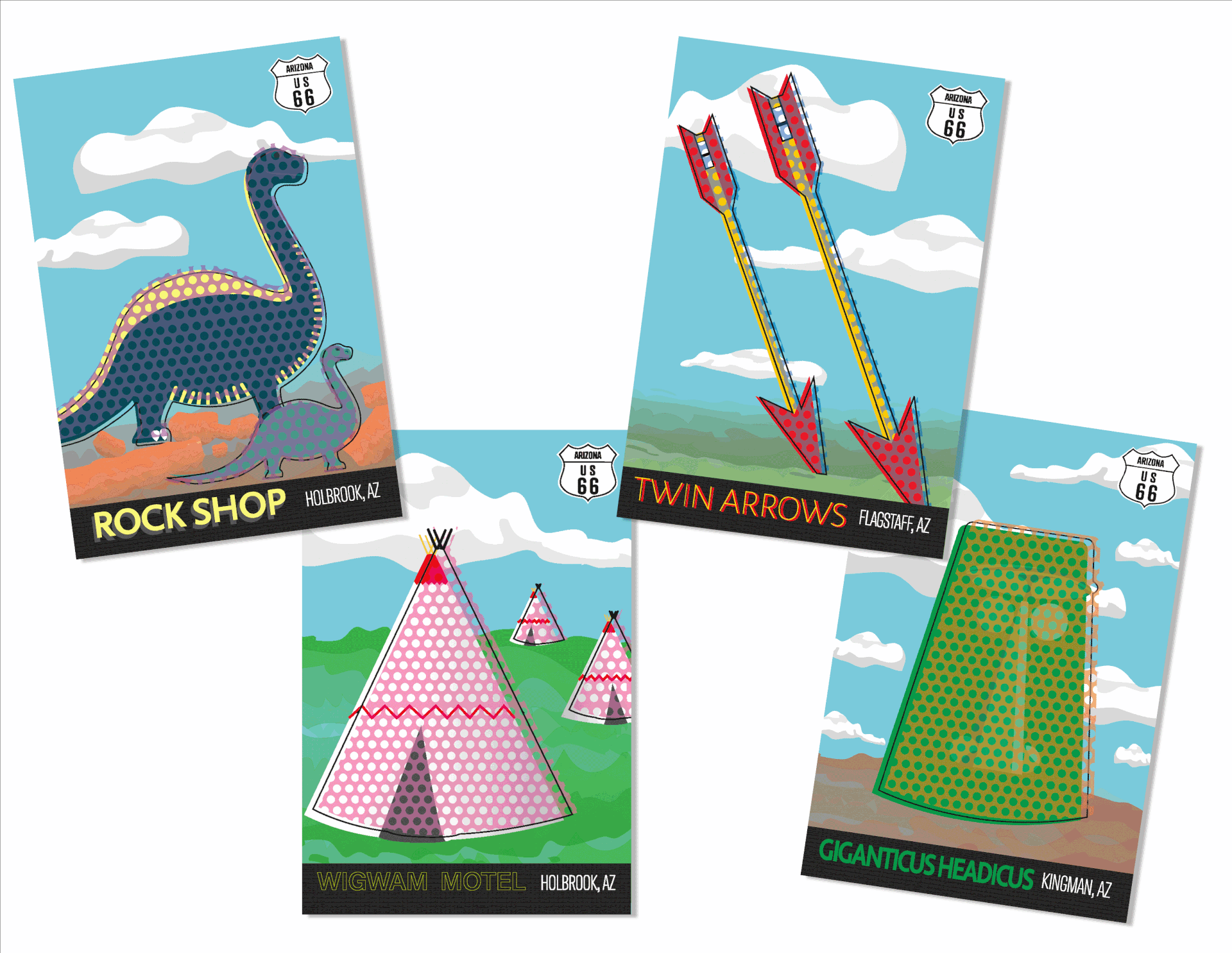 Who says post cards are a thing of the past? I created these to inspire Route 66 tourism to the road side destinations.