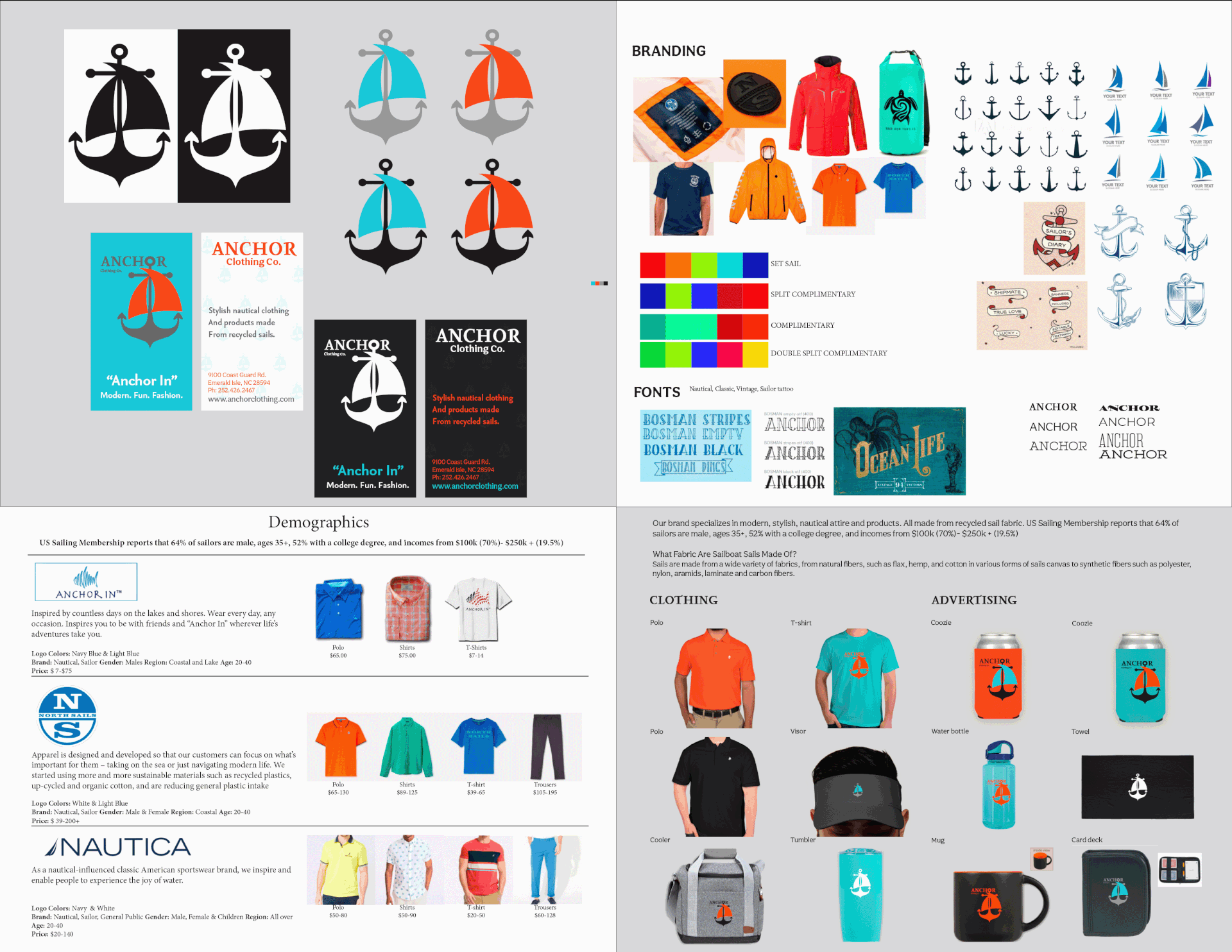 This company built their brand off of recycling old sails into clothing. A branding package consisting of logo with a slogan, business cards, merchandise, and a clothing line.