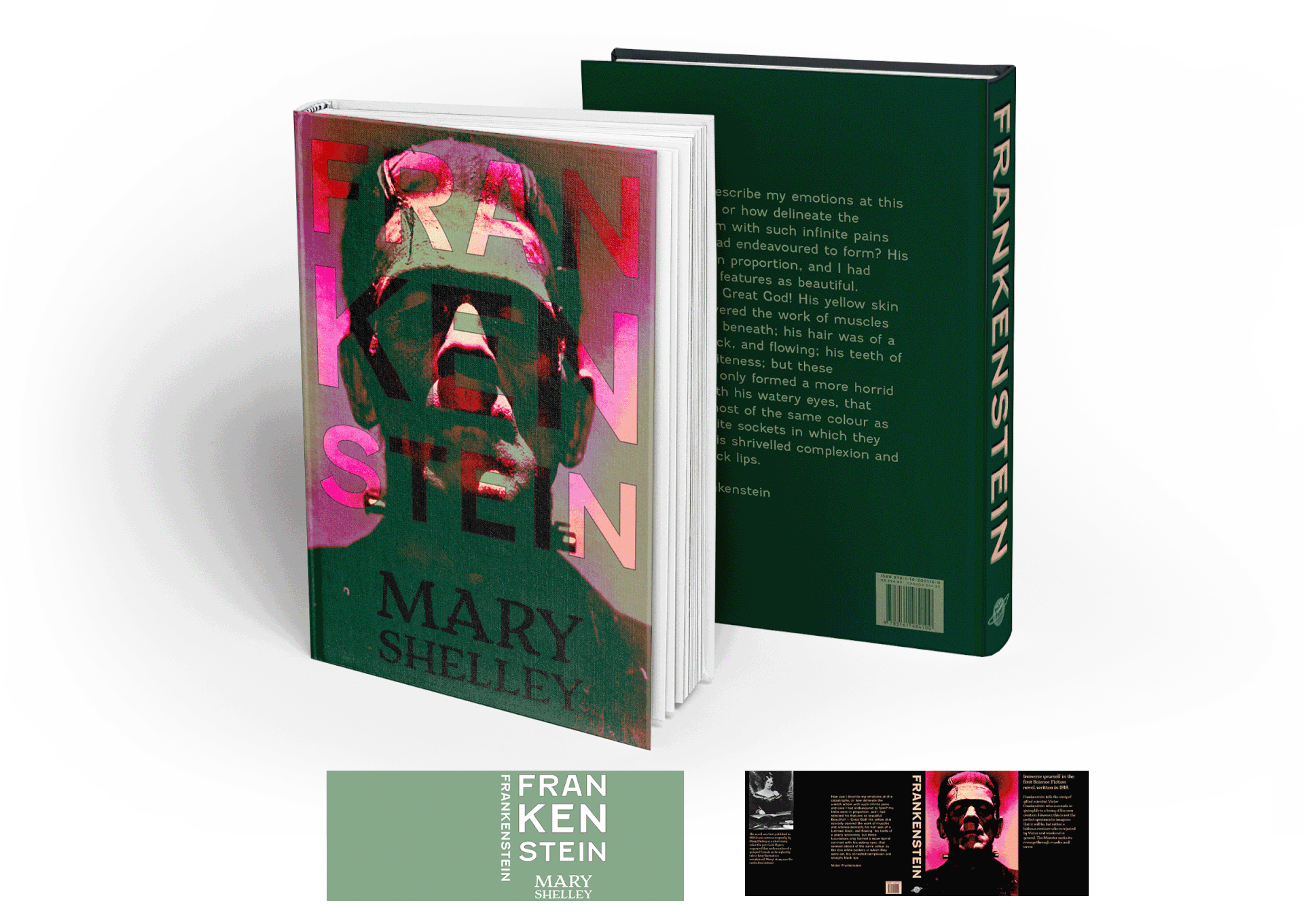 FRANKENSTEIN book cover was designed based on the classic novel from 1818. I used the classic movie photograph that helped escalate this novel into a cult following. I wanted the cover to have a modern pop of color, I did this by adding a layer mask of red and yellow. This adds contrast against the green vellum overlay cover, which screams monster.