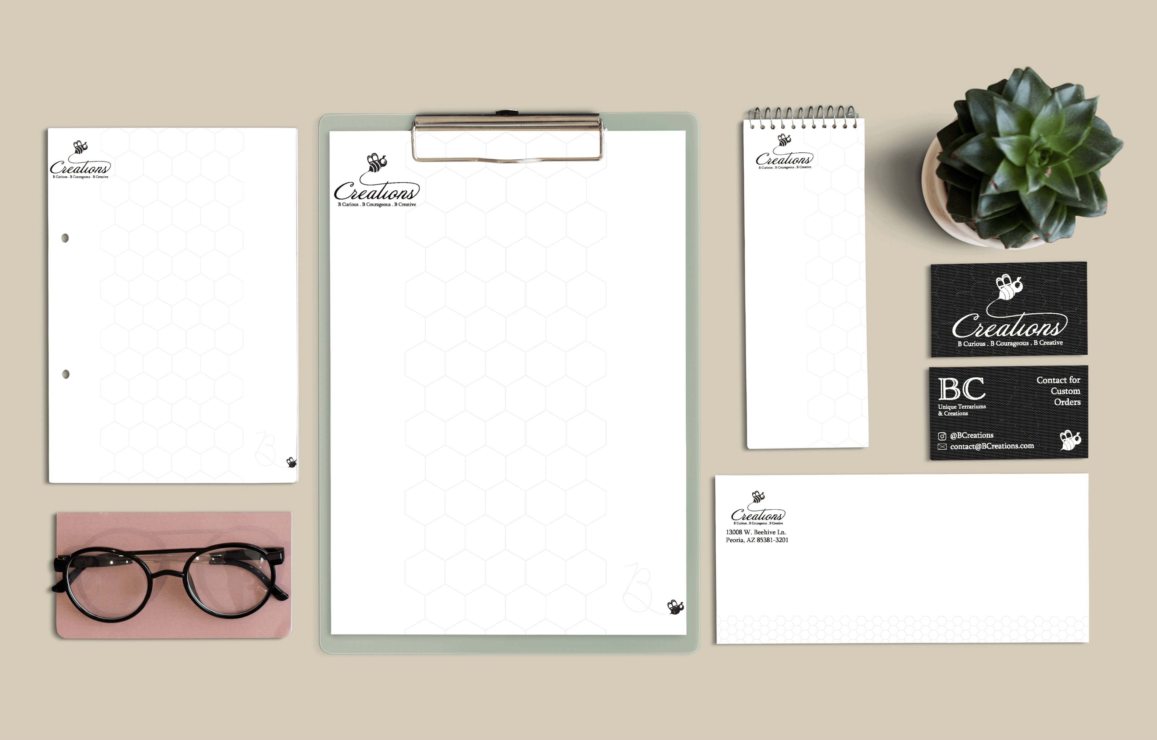 This business suite included a logo design, that has a monochromatic color scheme, with the use of a script typeface adding character to the already fun “B”ee in the logo.