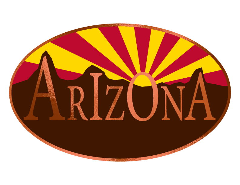 This has a metallic copper overlay adding interest to the mountainous Arizona below the state flag sunset.