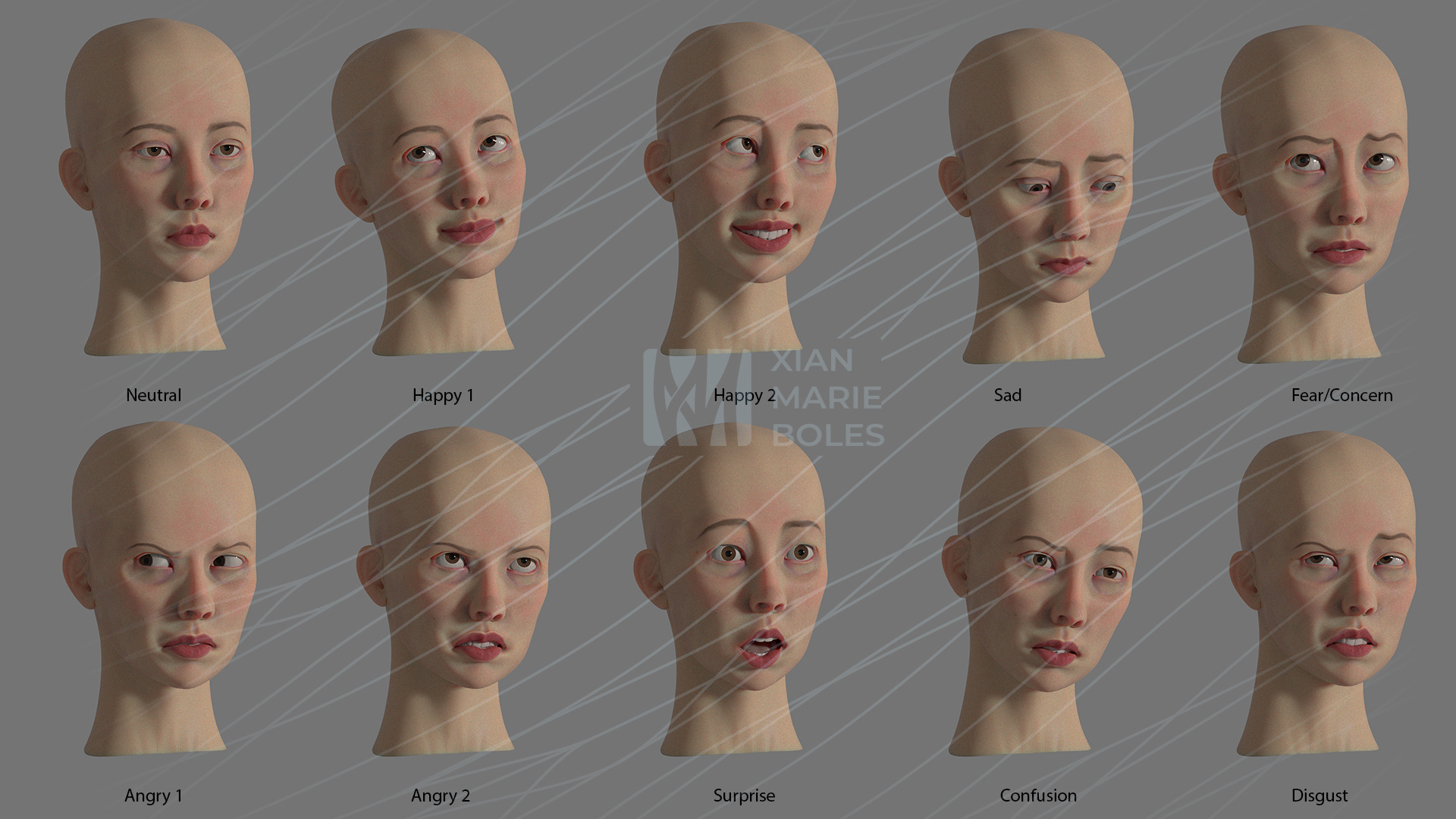 Modeled, rigged, and animated facial expressions in Maya. 