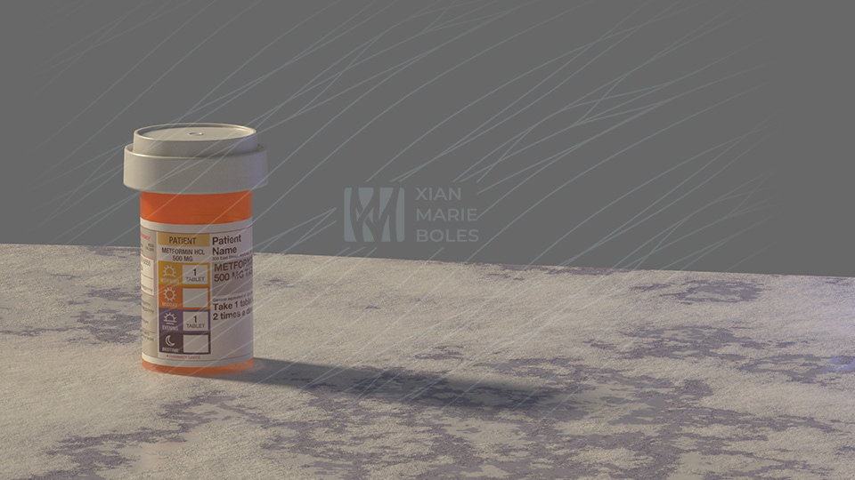 Modeled and rendered in Maya. Arnold shaders. Rx label from online source