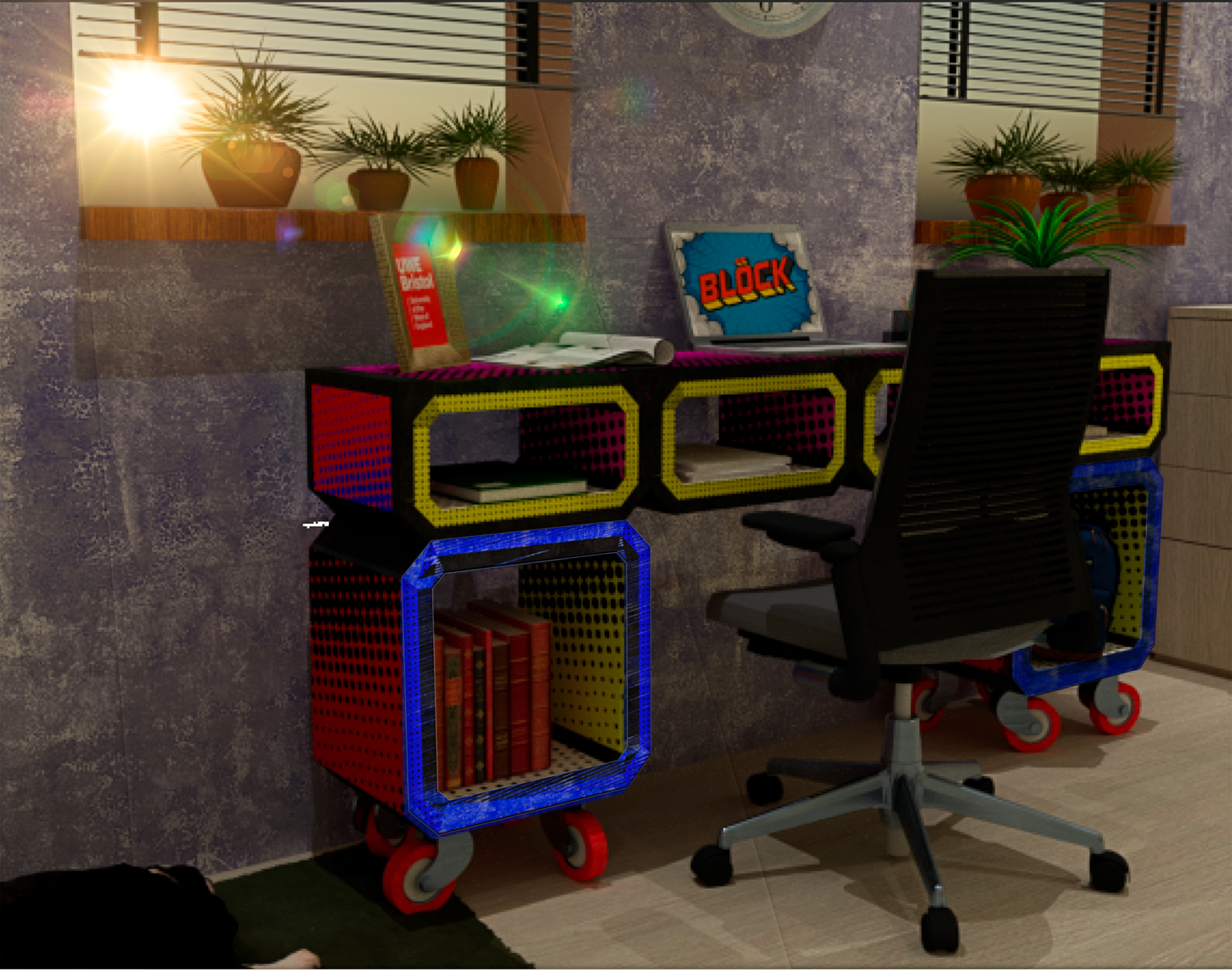 3D rendering of Blöck with 1/2 size flat top units. Configured into a home office