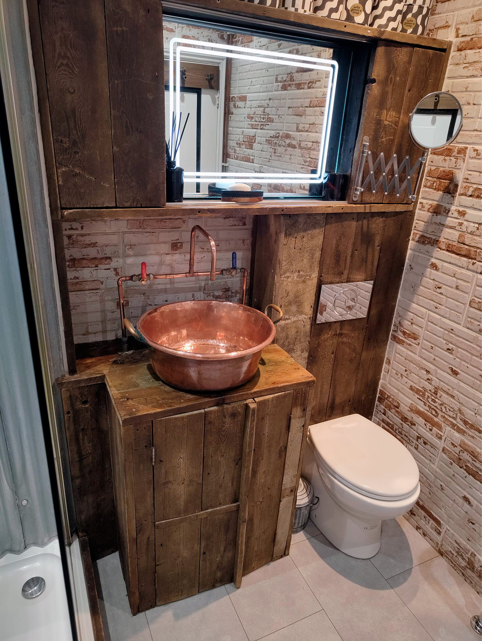 Bathroom - Unit & cupboards made from reclaimed floorbaords