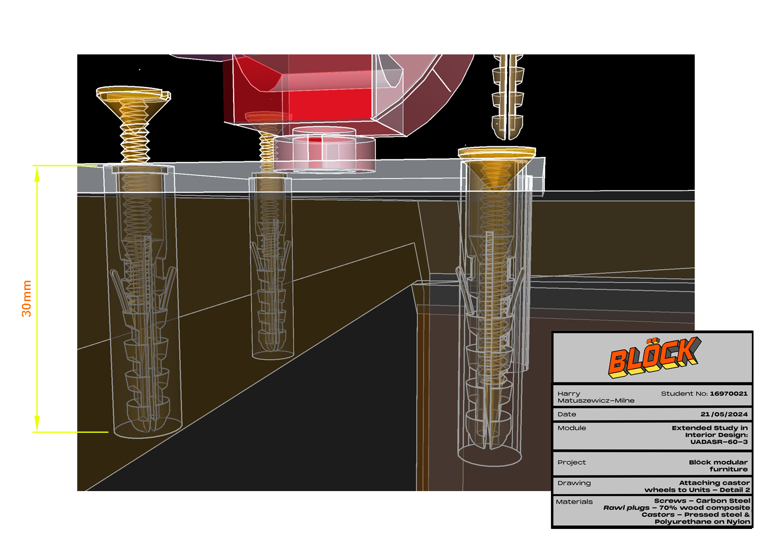 Detail technical Drawing: Attaching Castors to Units