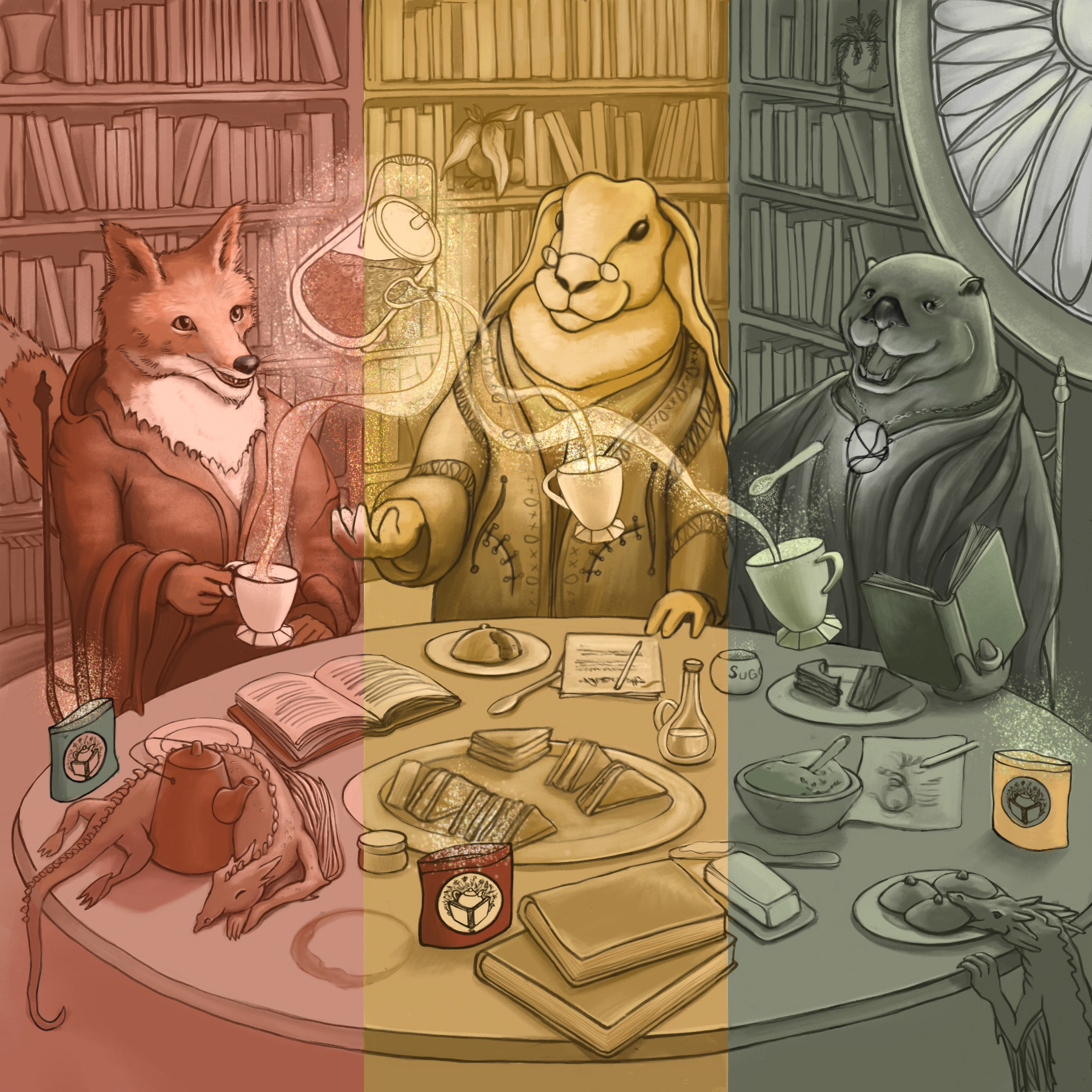 2026 Season bookmark commission triptych for small tea company, Encyclopaedia of Tea