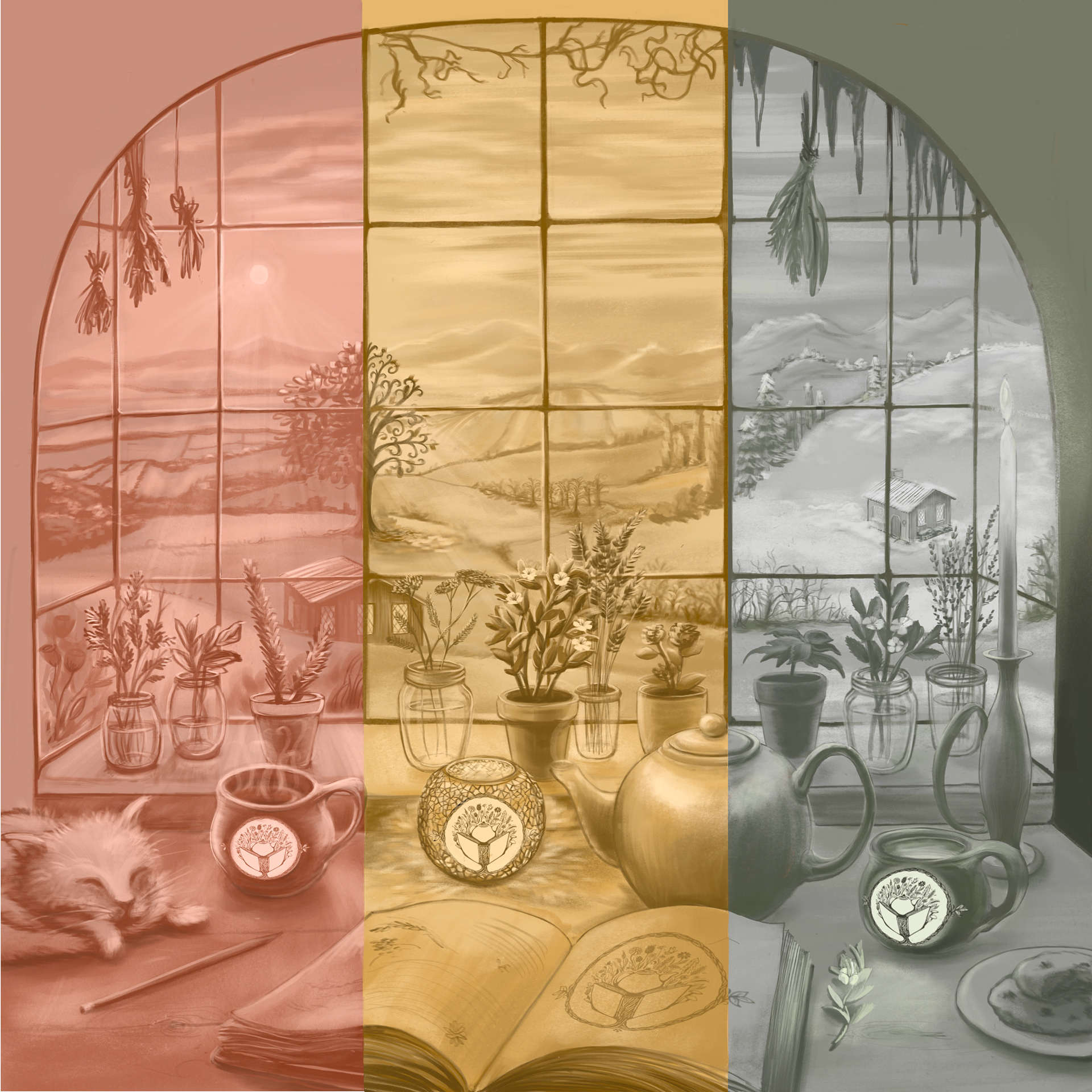 2025 Season bookmark commission triptych for small tea company, Encyclopaedia of Tea