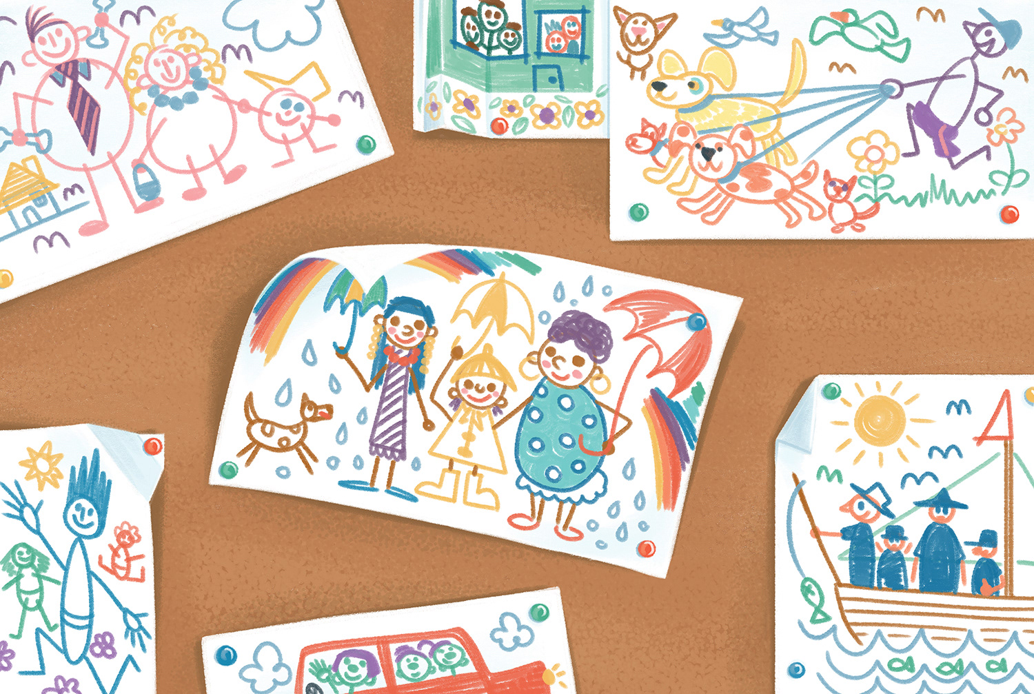 The endpapers from "Show and Tell" are the drawings that the children were making throughout the book.