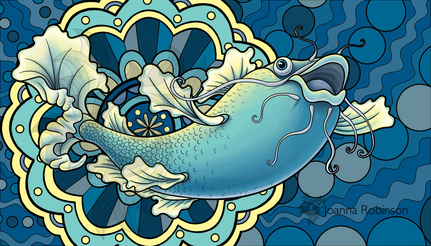 Mock mural design. Happy catfish. Photoshop.