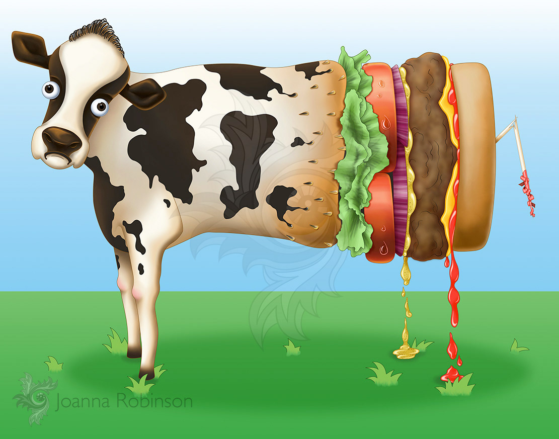 The Confused Cow. Editorial on the hamburger industry? Pro-meat? You decide. Photoshop.