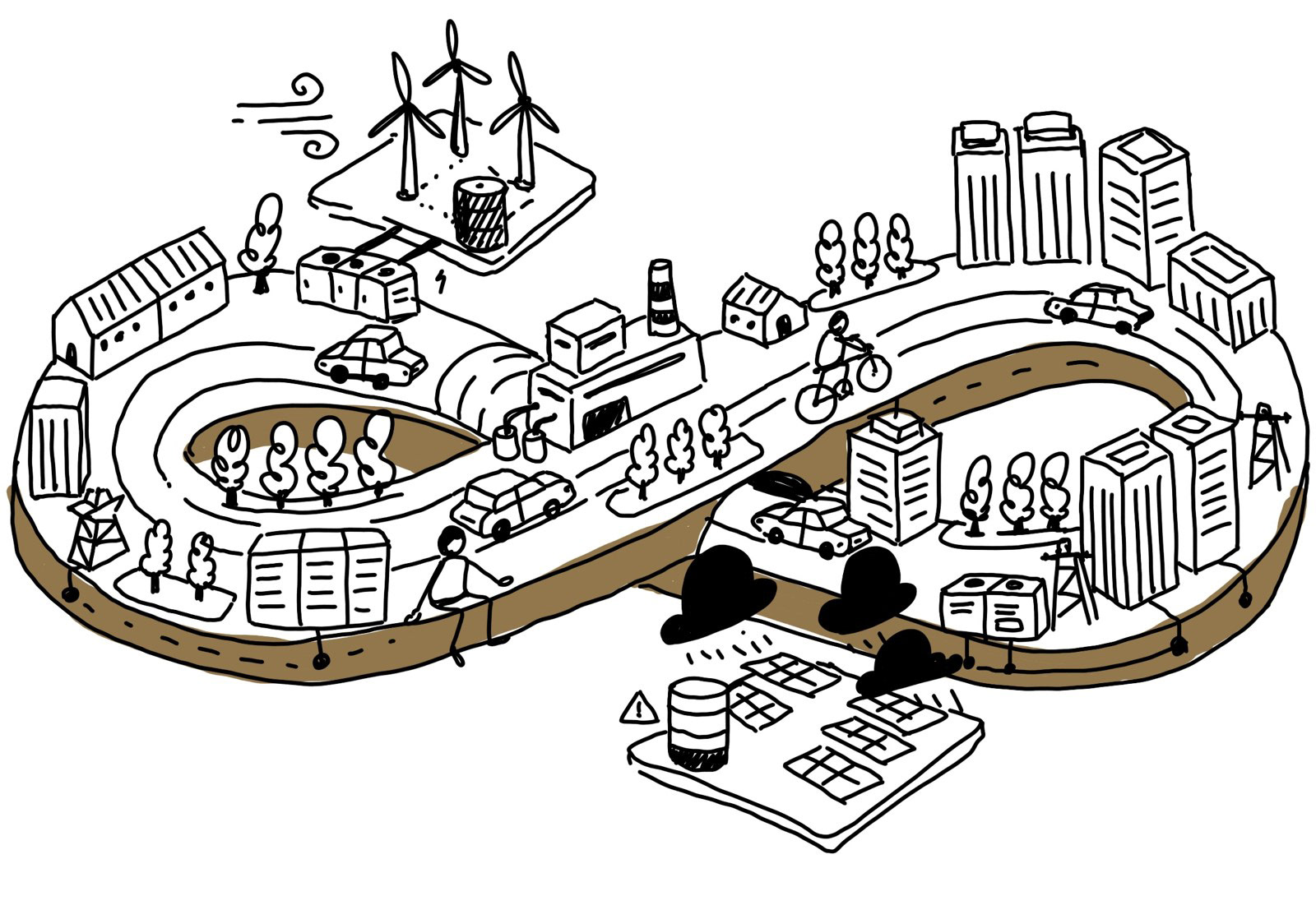 Hand-drawn sketch of an infinity-loop energy system with wind turbines, solar panels, roads, buildings and vehicles