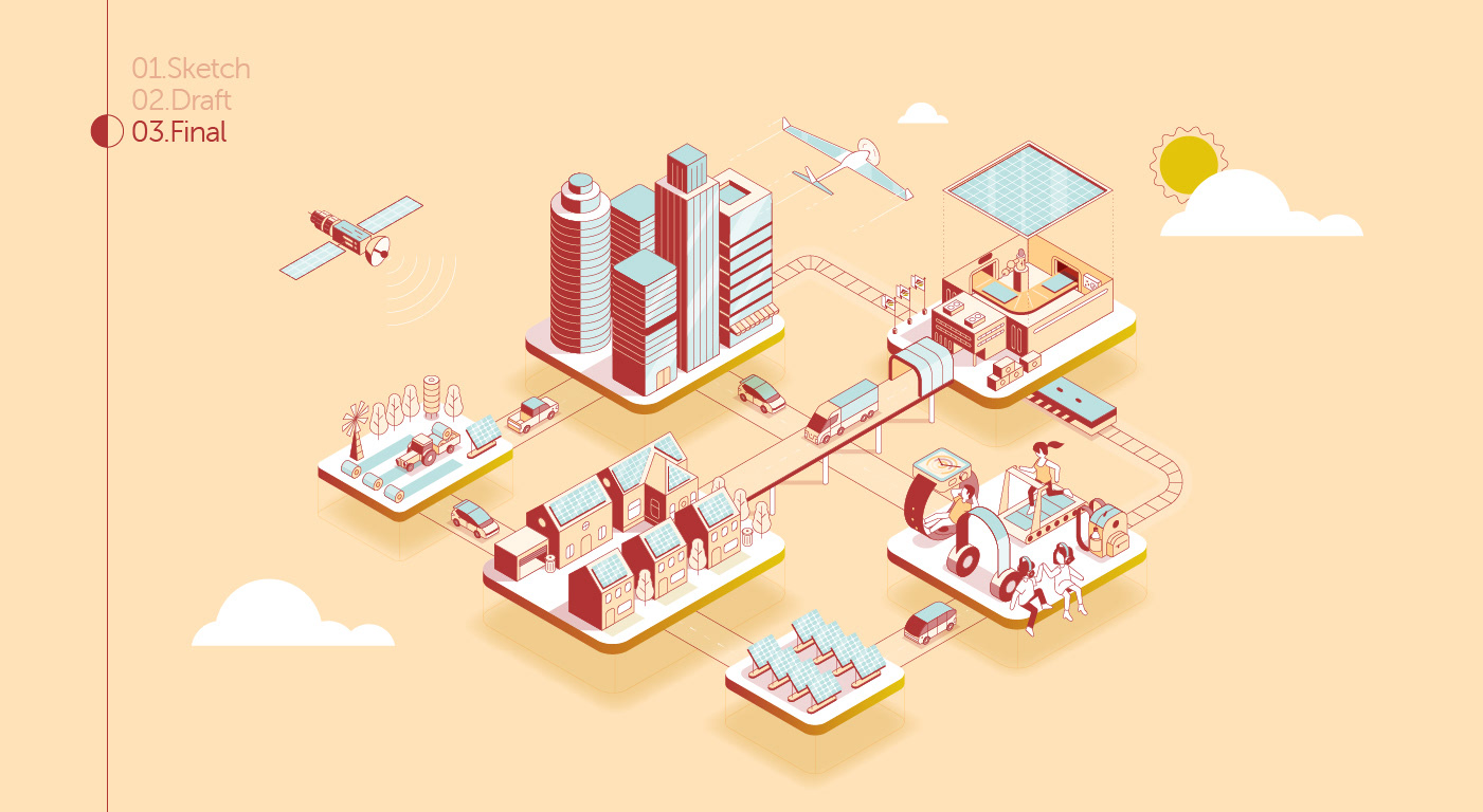 Isometric clean energy ecosystem illustration created for Swiftsolar solar technology.
