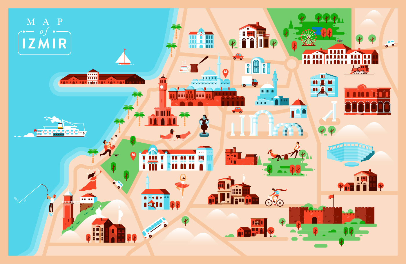 Illustrated map of Izmir’s historic Kemeraltı district and its landmarks.