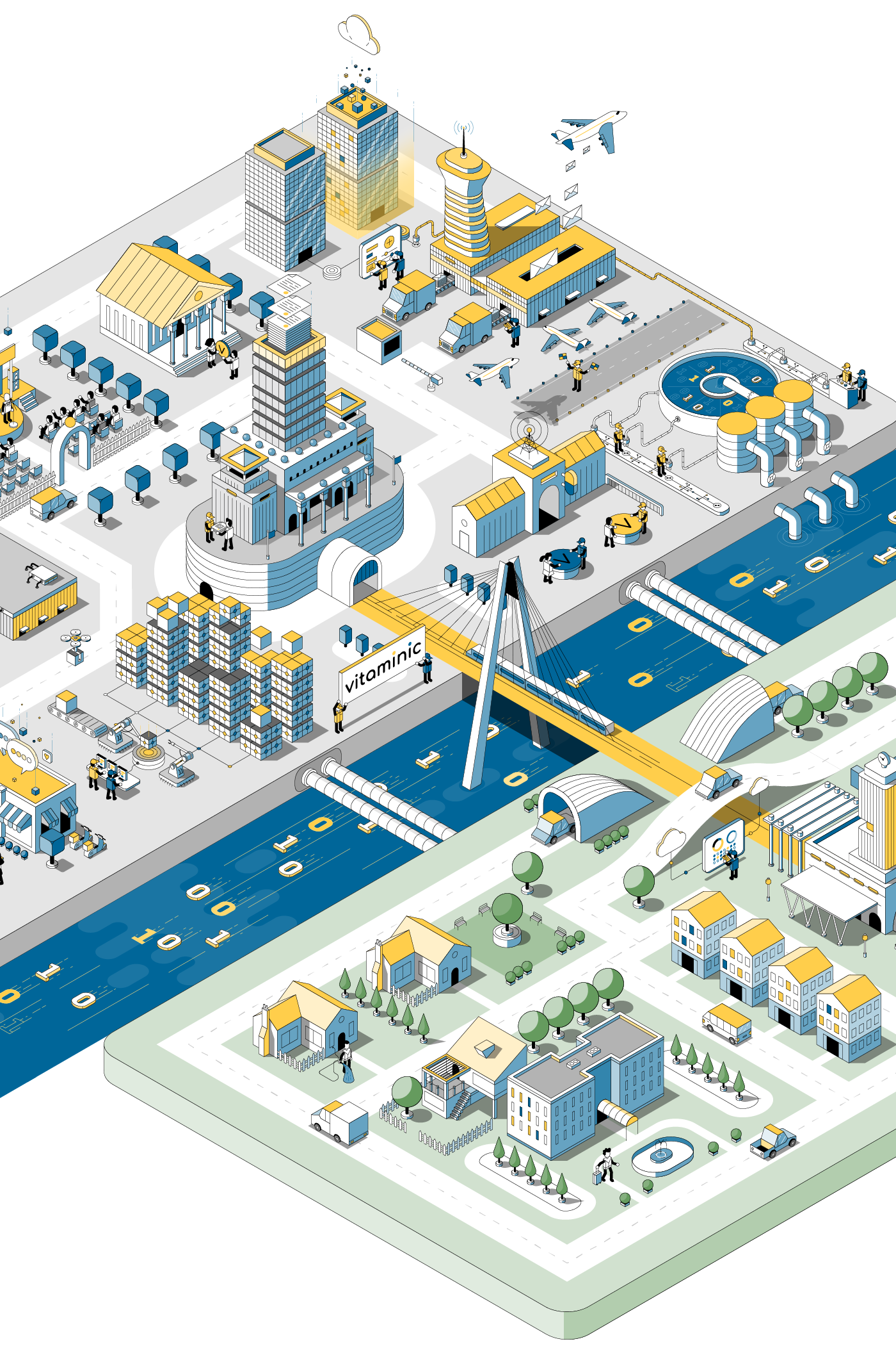 Isometric city illustration visualizing a SaaS business and social platform.