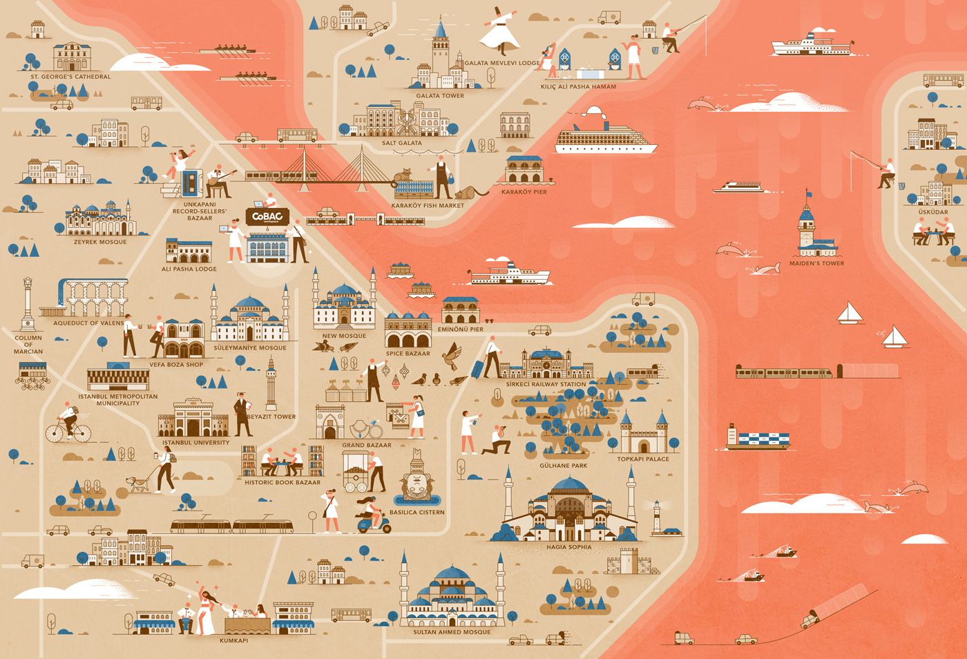 Illustrated neighborhood map showing landmarks around CoBAC co-working space in Istanbul.