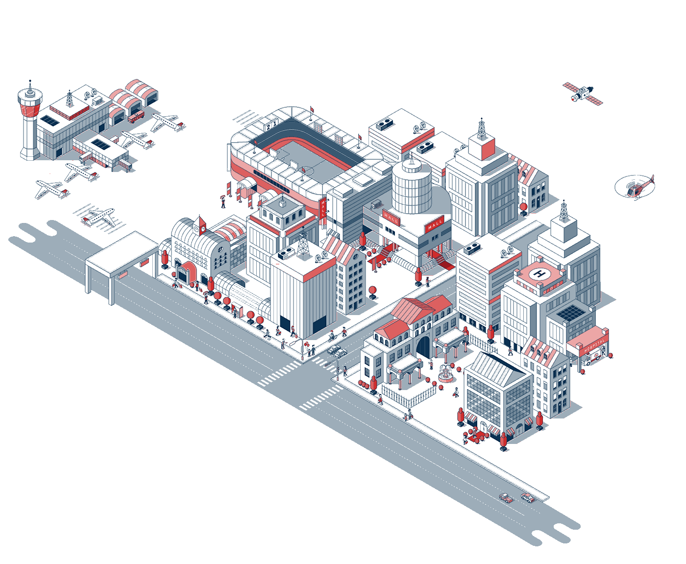 Isometric indoor mapping illustration visualizing a large venue navigation system for Venuex.