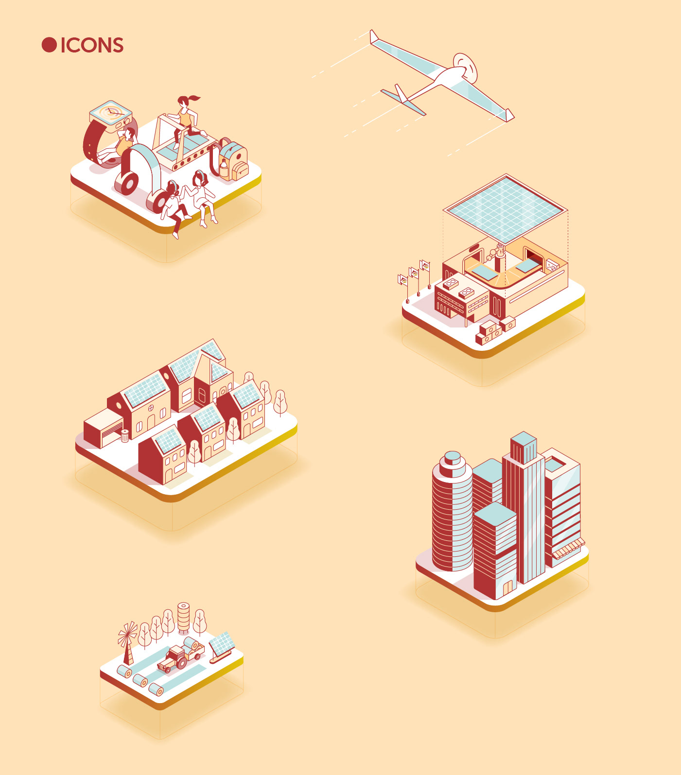 Isometric clean energy ecosystem illustration created for Swiftsolar solar technology.