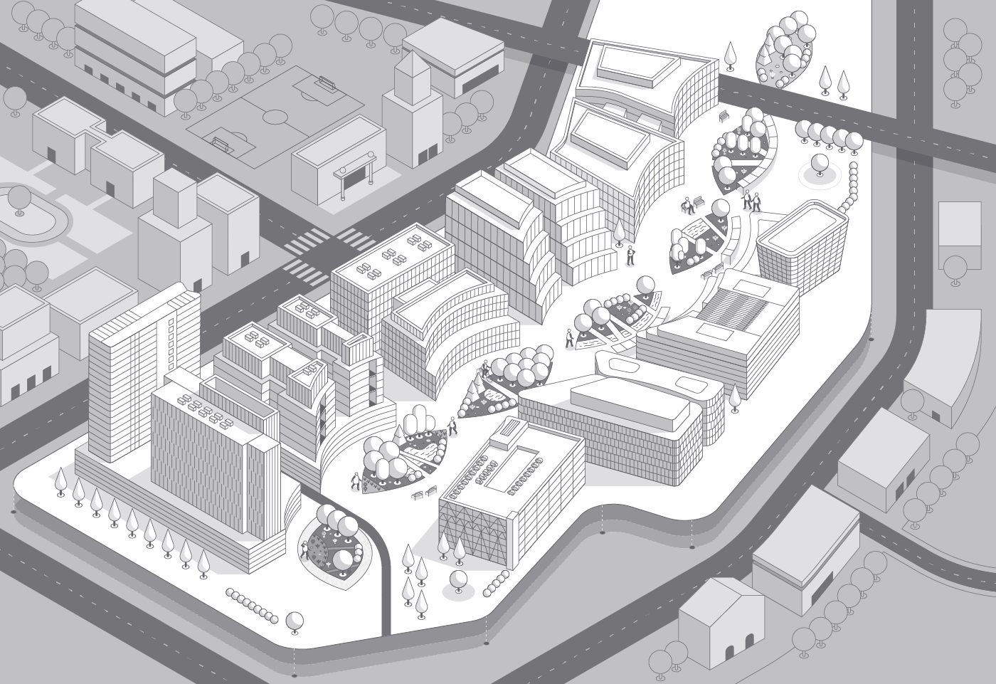 Isometric editorial illustration of TMC Helix Park created for Fast Company magazine.
