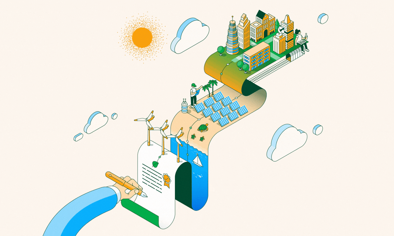 Isometric energy ecosystem illustration showing renewable power and grid infrastructure.