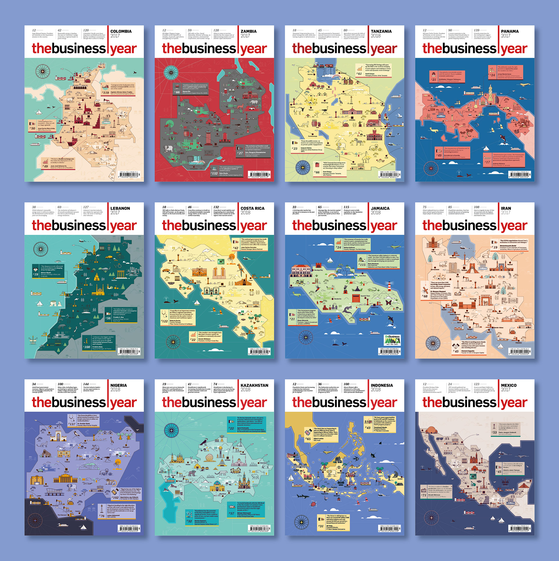 Illustrated country maps created for The Business Year magazine covers.