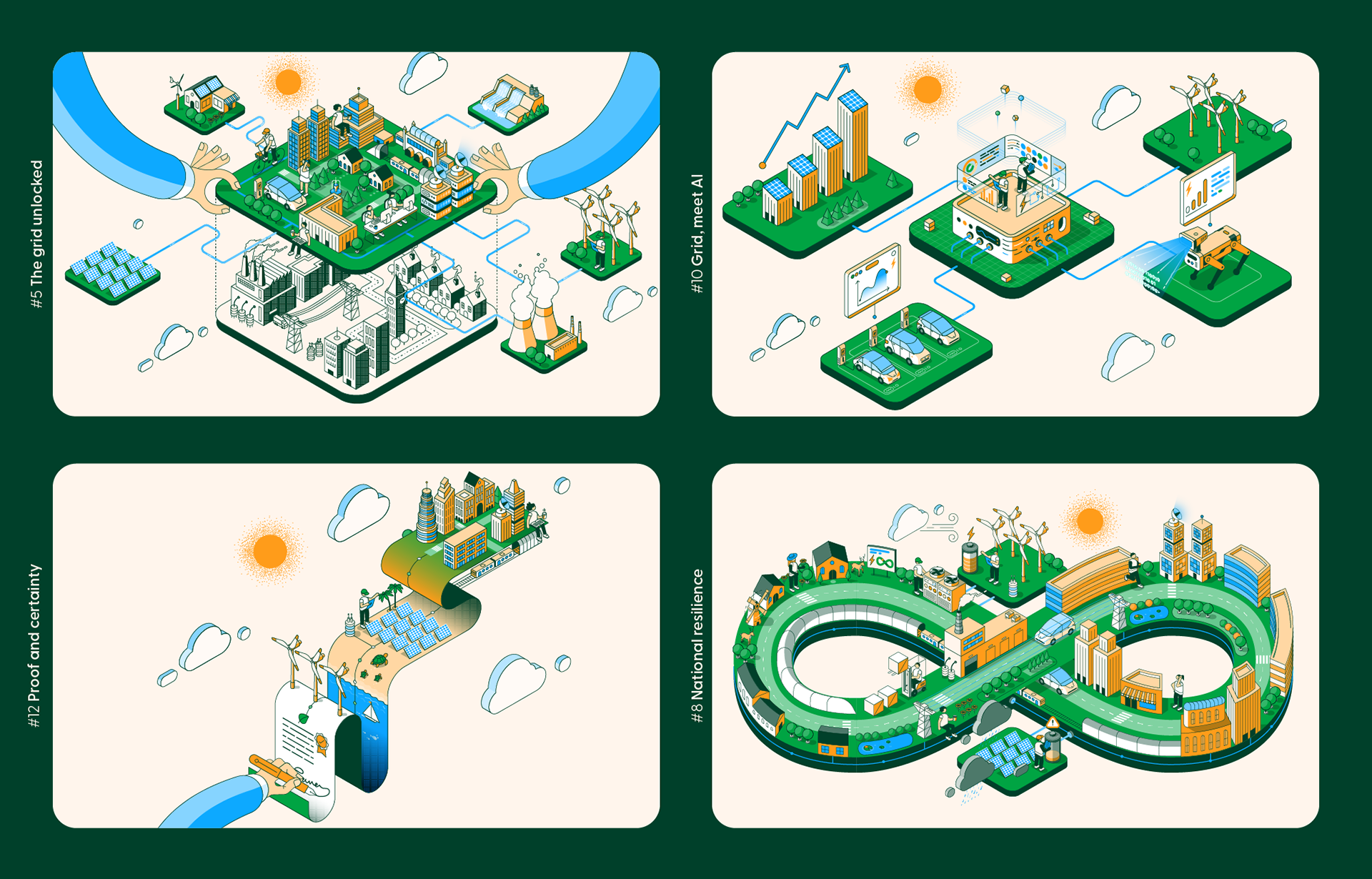 Isometric editorial illustration explaining complex energy and technology systems.