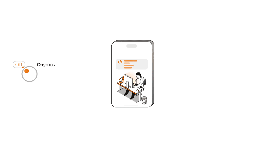 Isometric illustration visualizing the Onymos app development platform and automated developer tools.