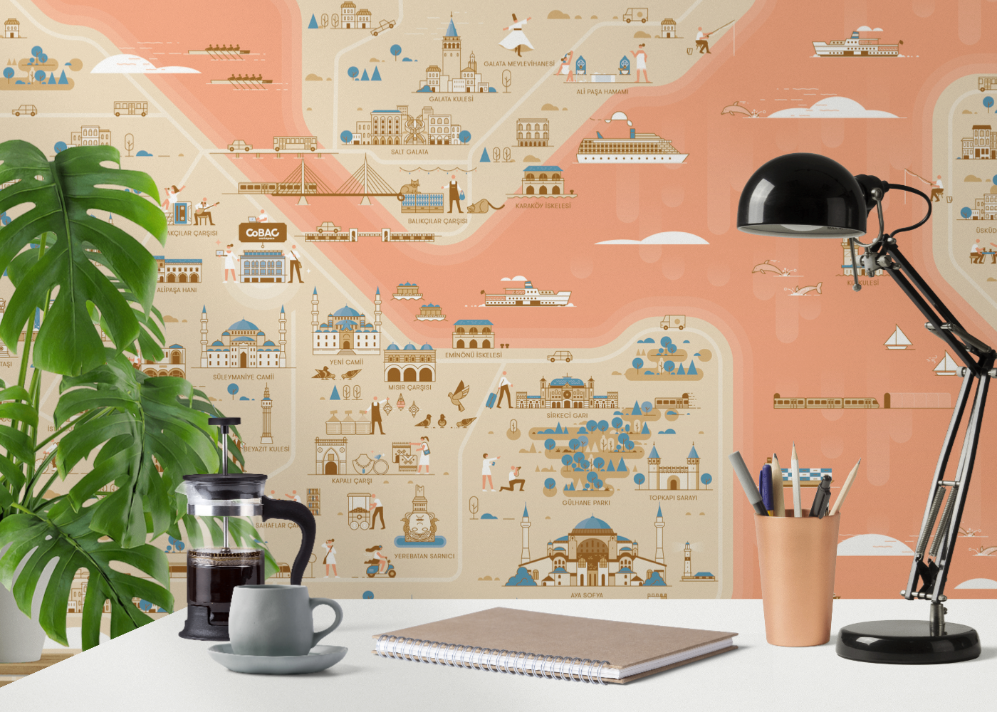 Illustrated neighborhood map showing landmarks around CoBAC co-working space in Istanbul.