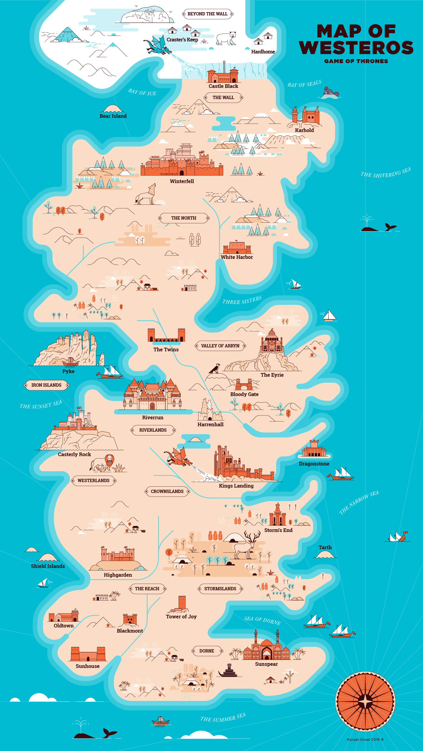 Fan map illustration inspired by the world and geography of Game of Thrones.