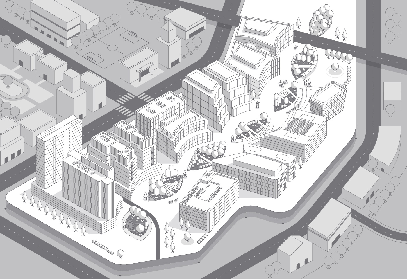 Isometric editorial illustration of TMC Helix Park created for Fast Company magazine.