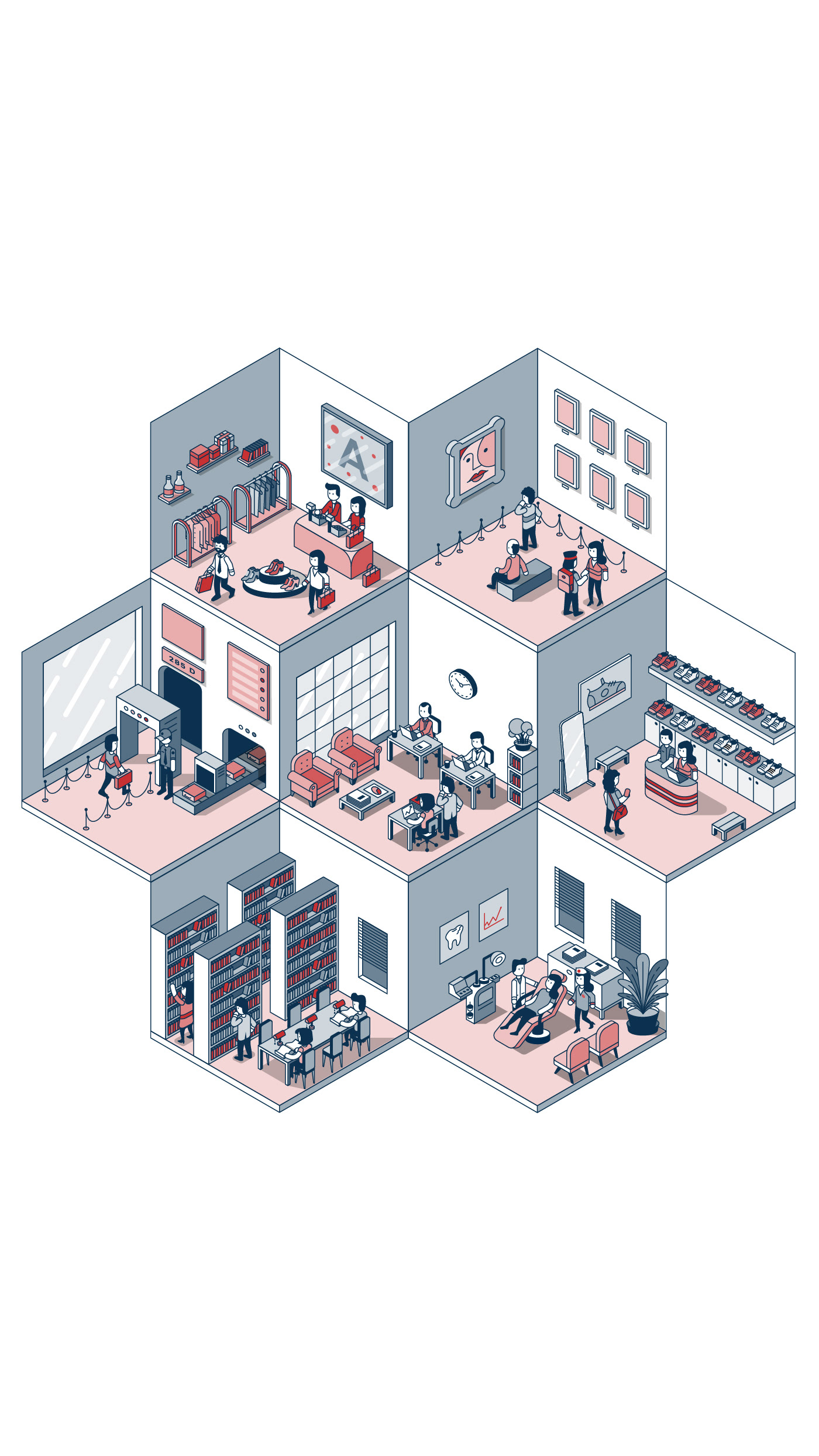 Isometric indoor mapping illustration visualizing a large venue navigation system for Venuex.