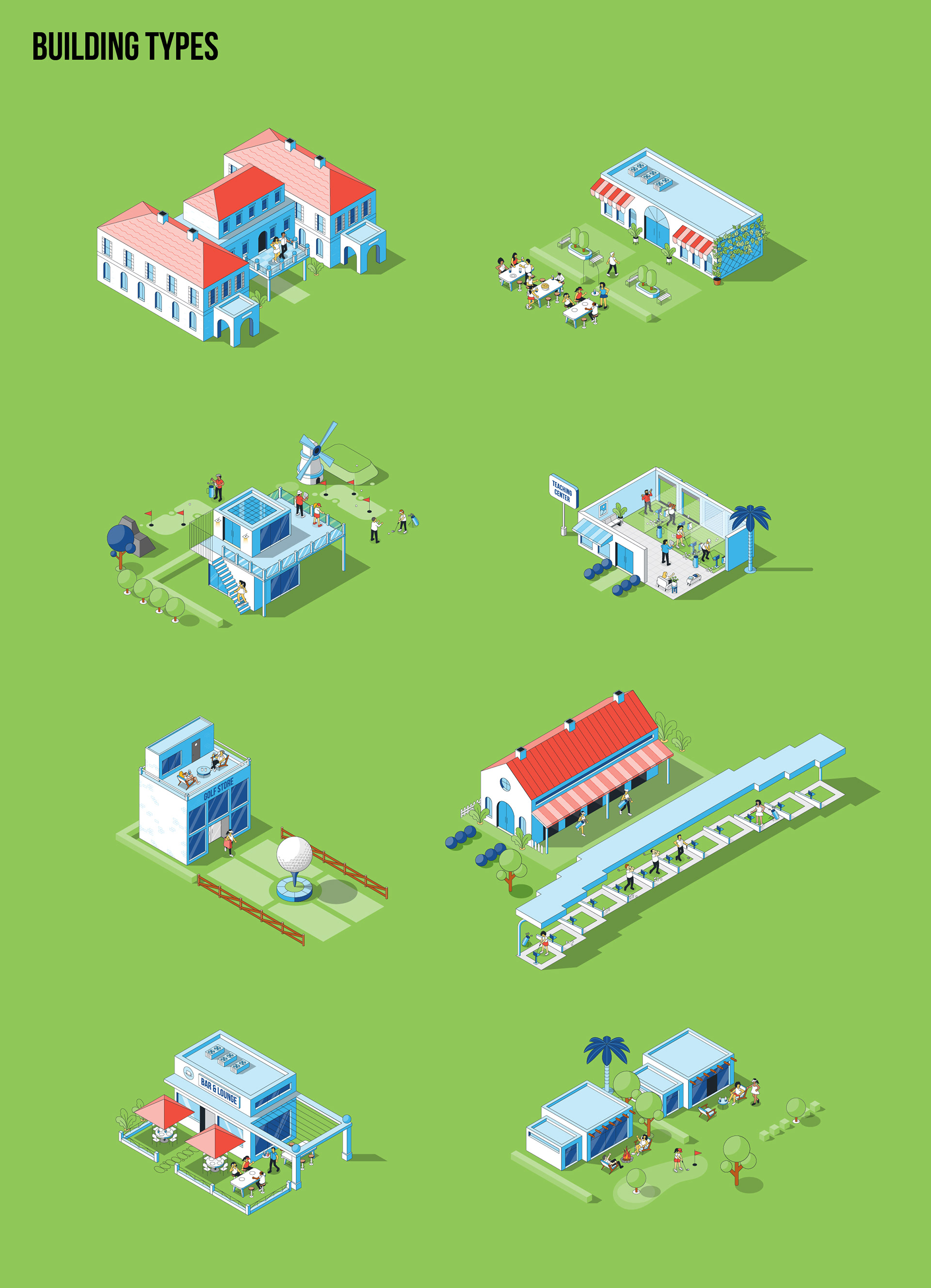 Isometric product ecosystem illustration for Topgolf Toptracer technology.