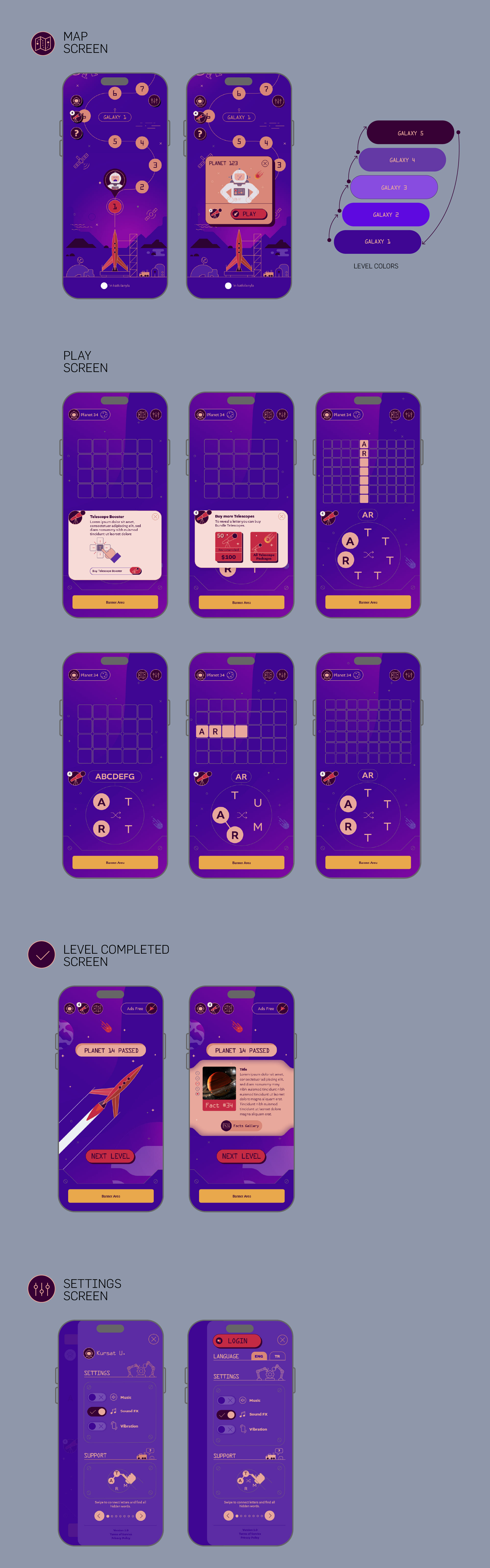 Space themed illustrations and interface visuals designed for the Uniwords mobile word game.
