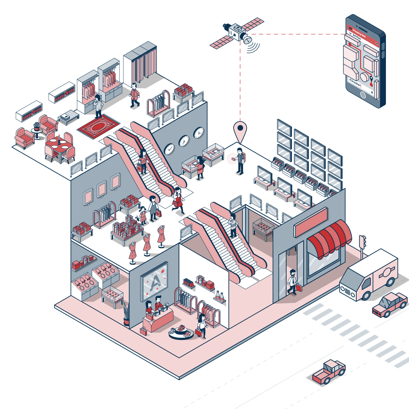 Isometric indoor mapping illustration visualizing a large venue navigation system for Venuex.