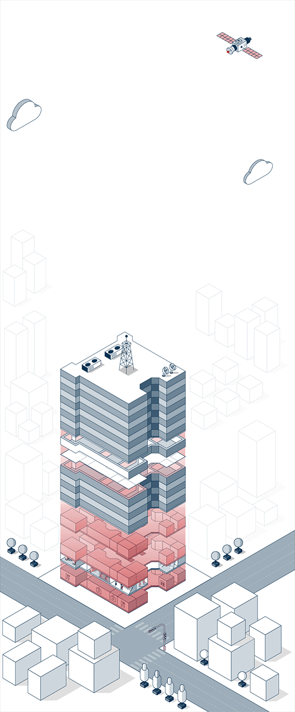 Isometric indoor mapping illustration visualizing a large venue navigation system for Venuex.