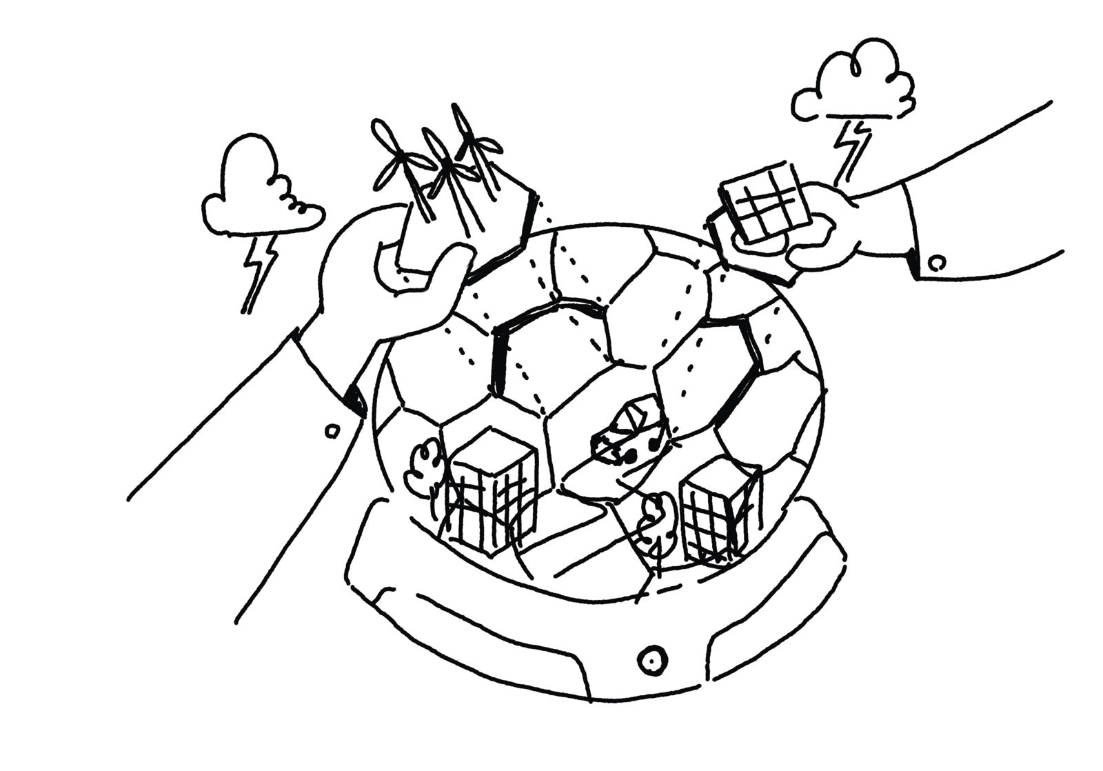 Hand-drawn concept sketch of a city under a glass hexagon dome protected from storms, with hands adding wind turbines and solar panels