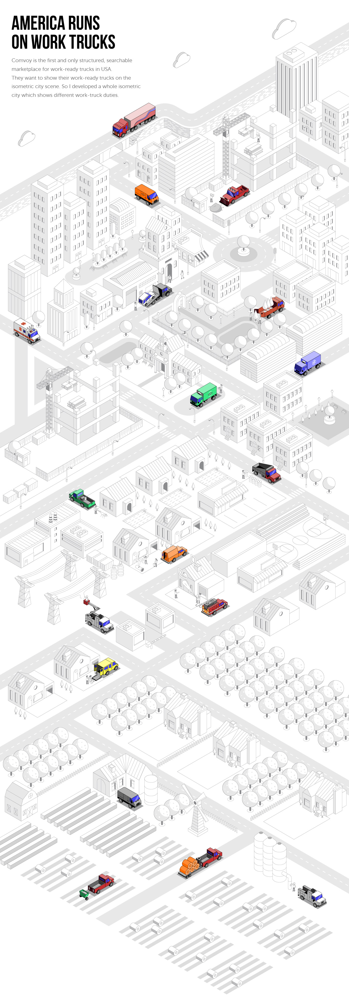 Isometric city illustration showcasing work-ready trucks for the Comvoy commercial vehicle marketplace.