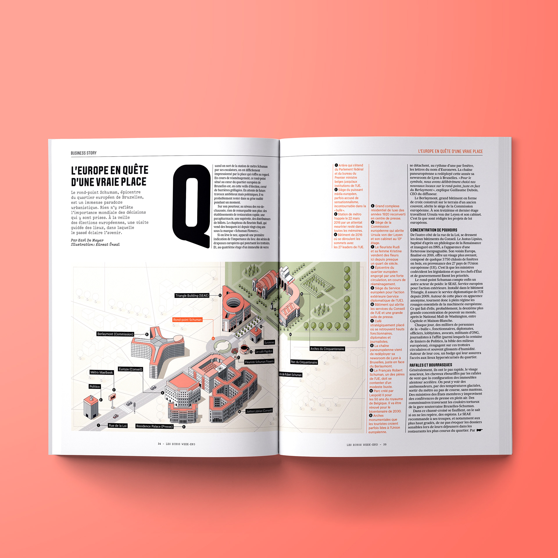 Isometric editorial city illustration created for Les Echos Weekend featuring Brussels.