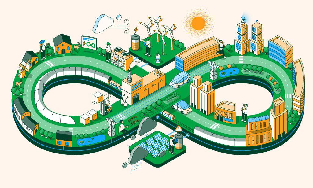 Isometric illustration of an infinity-loop green energy network with wind turbines, solar panels, city buildings and vehicles, for Iberdrola and The Guardian Labs